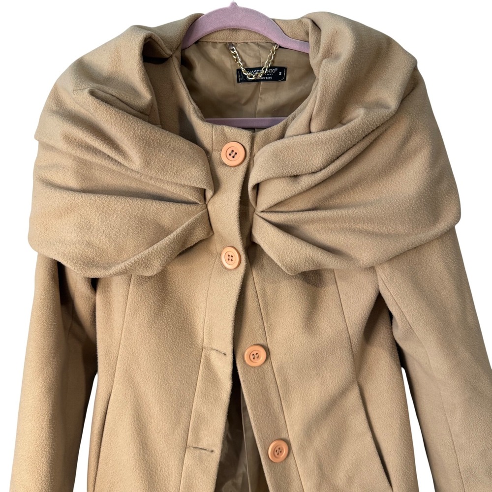 Rinascimento Women's Camel Wool Blend Bow Collar Coat Size S Made in Italy‎ - Picture 7 of 7